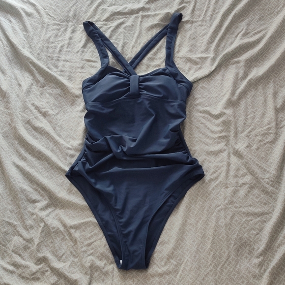 Cupshe Midnight Blue Shirred Cross Back One-Piece Swimsuit M - Picture 2 of 14
